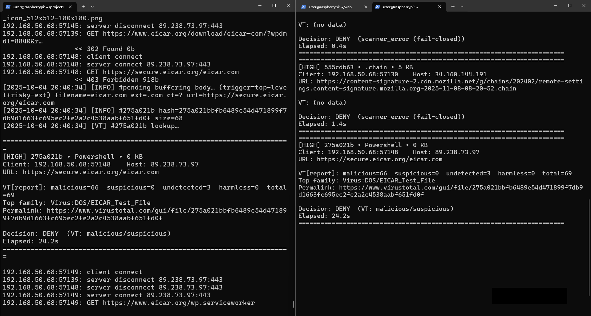 Flow diagram: Client → Pi (mitmproxy add-on) → VirusTotal → Allow/Block → Client